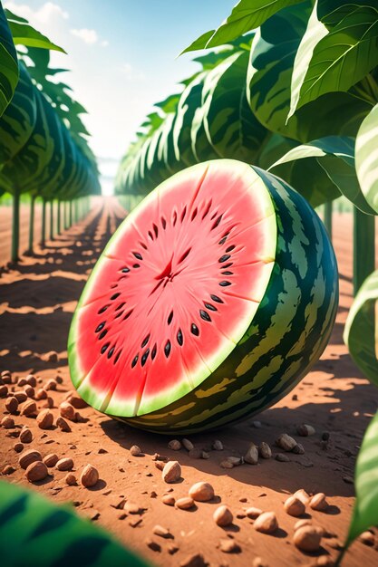 Foto von einer Wassermelone, die an einem landwirtschaftlichen Grundstück mit verschwommenem Hintergrund befestigt ist