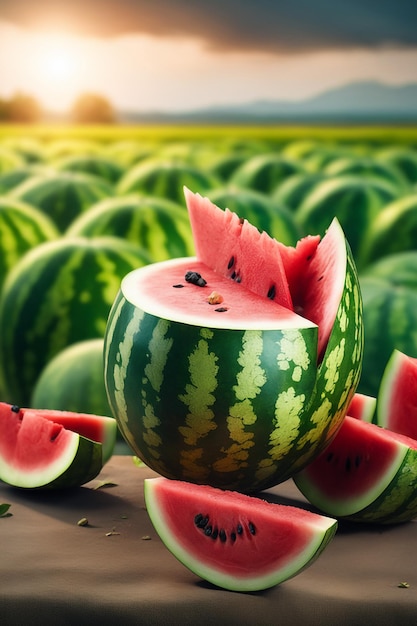 Foto von einer Wassermelone, die an einem landwirtschaftlichen Grundstück mit verschwommenem Hintergrund befestigt ist