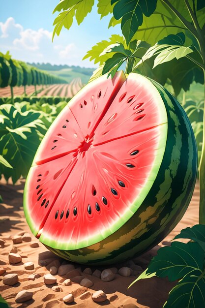 Foto von einer Wassermelone, die an einem landwirtschaftlichen Grundstück mit verschwommenem Hintergrund befestigt ist