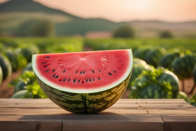 Foto von einer Wassermelone, die an einem landwirtschaftlichen Grundstück mit verschwommenem Hintergrund befestigt ist