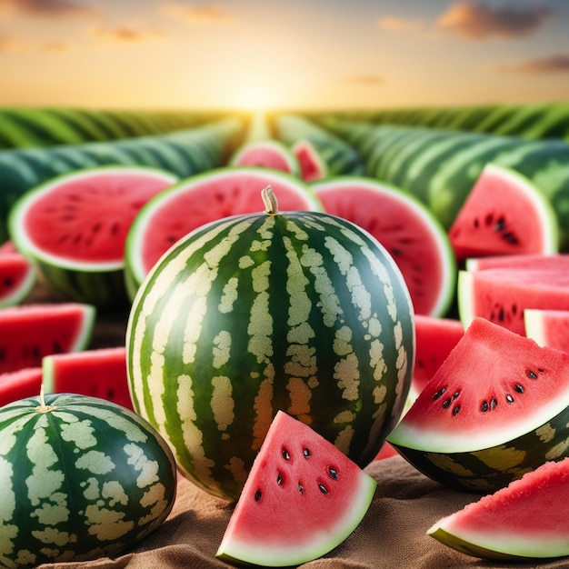 Foto von einer Wassermelone, die an einem landwirtschaftlichen Grundstück mit verschwommenem Hintergrund befestigt ist