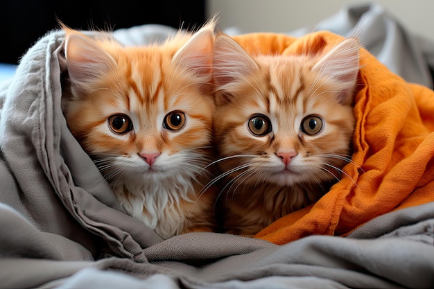Foto von entzückenden Kätzchen, die in einer kuscheligen Decke kuscheln
