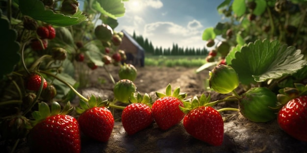Foto von Erdbeeren auf einem Bauernhof an einem sonnigen Tag, Nahaufnahme von Früchten auf einem hellen Hintergrund Generativ A