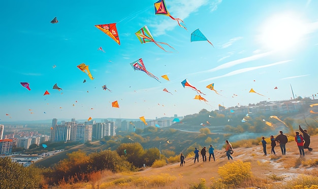 Foto von Familien, die farbenfrohe Drachen auf einem windigen Hügel fliegen
