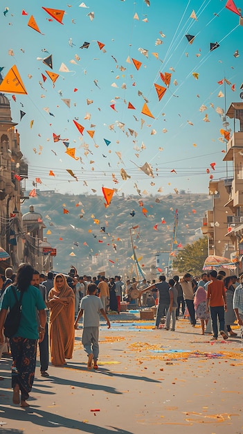 Foto von Familien, die farbenfrohe Drachen beim Basant-Festival im Pak-Festival-Ferienkonzept fliegen