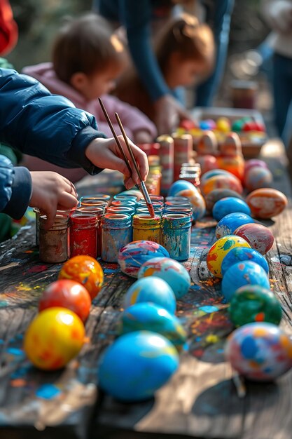 Foto von Familien, die sich für ein traditionelles Ostereiermalen versammeln, das Festfest-Ferienkonzept