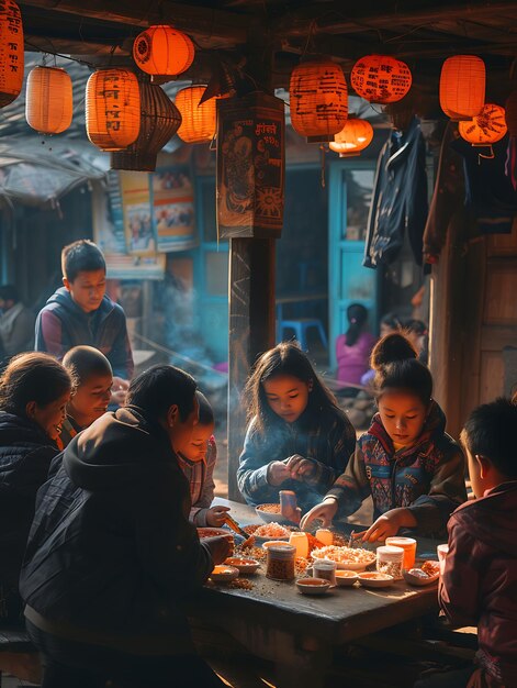 Foto von Familien, die traditionelle Laternen beim Tihar-Festival I-Festival-Ferienkonzept herstellen