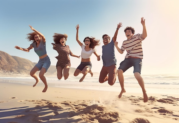 Foto von Familienmitgliedern, jungen, glücklichen Teenagern, die sich vor dem Hintergrund einer Strandparty amüsieren