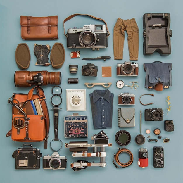 Foto foto von fotografen vintage knolling flat lays retro-foto top-view farbbewertung beruf