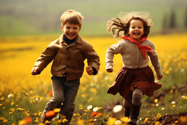 Foto von freudigen Kindern, die auf einem Frühlingsfeld spielen