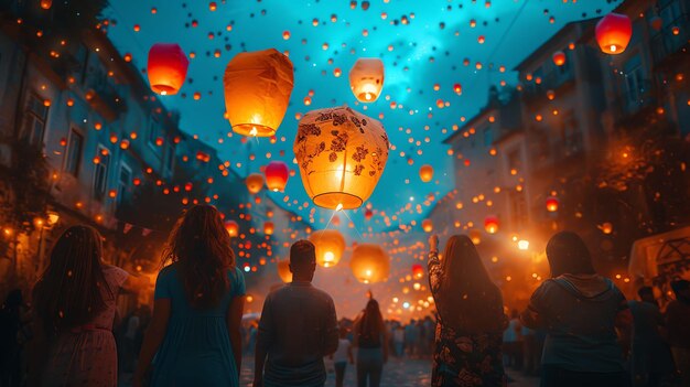 Foto von Freunden, die farbenfrohe Papierlaternen während eines Lanternfest-Ferienkonzepts fliegen