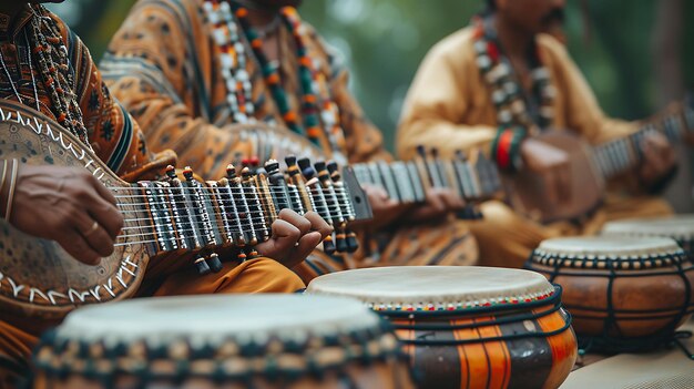 Foto von Freunden, die traditionelle Musikinstrumente beim Bihu-Festival-Ferienkonzept spielen