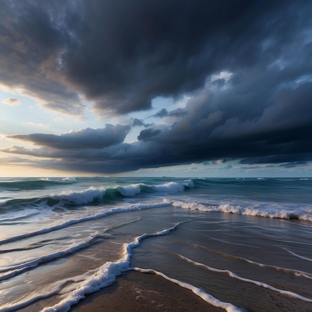 Foto von friedlichem Sonnenuntergang am Strand Ozean am Meer mit Wolken dramatischer Sand an der Küste