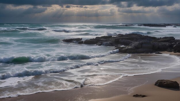 Foto von friedlichem Sonnenuntergang am Strand Ozean am Meer mit Wolken dramatischer Sand an der Küste