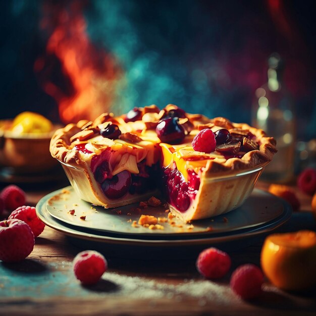 Foto von Frucht- und Schokoladenkuchen auf dem Kochtisch in der Küche, Nahaufnahme, verschwommener Hintergrund