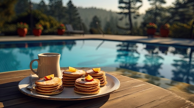 Foto von Frühstück mit Pfannkuchen und Obst, das von KI generiert wurde