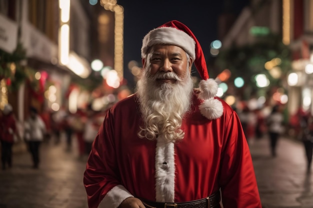 Foto von funky freudigen Mann Blogger tragen Weihnachtsmann Kostüm demonstrieren Reise Reise beleuchtete Stadt