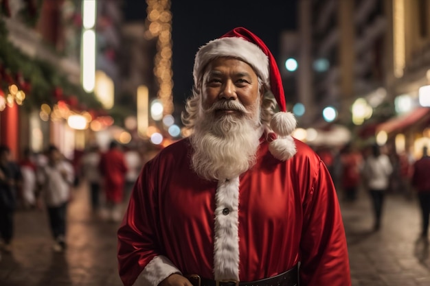 Foto von funky freudigen Mann Blogger tragen Weihnachtsmann Kostüm demonstrieren Reise Reise beleuchtete Stadt