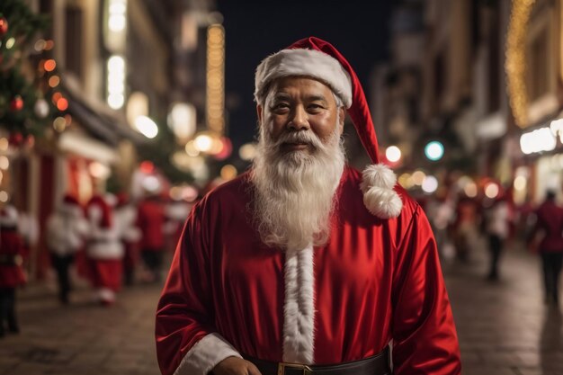 Foto von funky freudigen Mann Blogger tragen Weihnachtsmann Kostüm demonstrieren Reise Reise beleuchtete Stadt