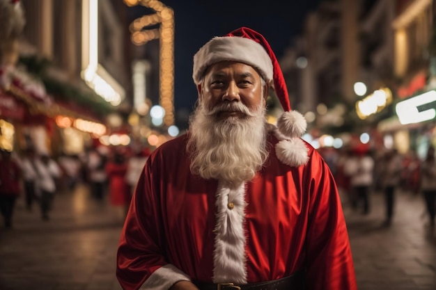 Foto von funky freudigen Mann Blogger tragen Weihnachtsmann Kostüm demonstrieren Reise Reise beleuchtete Stadt