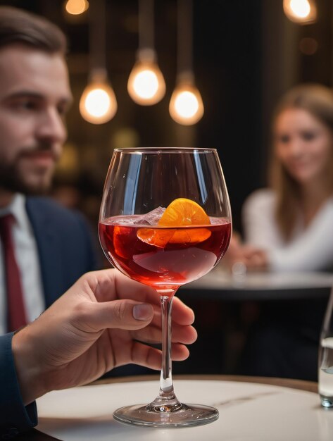 Foto von Gästen, die am Tisch im Restaurant sitzen und einen leuchtend roten Negroni-Cocktail trinken