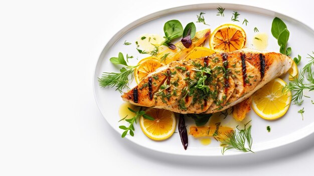 Foto foto von gegrilltem fisch auf einem weißen teller mit gemüse, das auf dem teller serviert wird