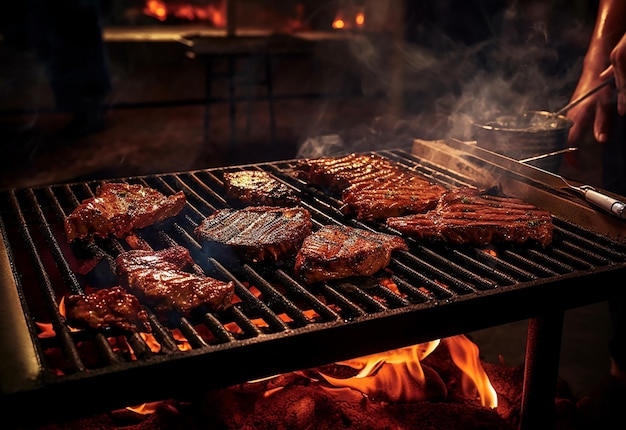 Foto von gegrilltem Fleisch auf dem Flammengrill mit gegrilltem Gemüse