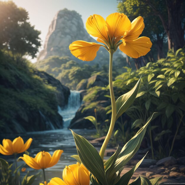 Foto von gelben Tulpen in einem Wald mit einem Wasserfall im Hintergrund