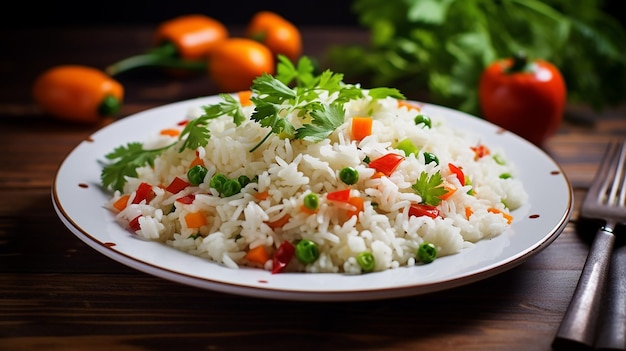 Foto von gesundem und leckerem Gemüsereis und gebratenen Reisplatten auf dem Tisch