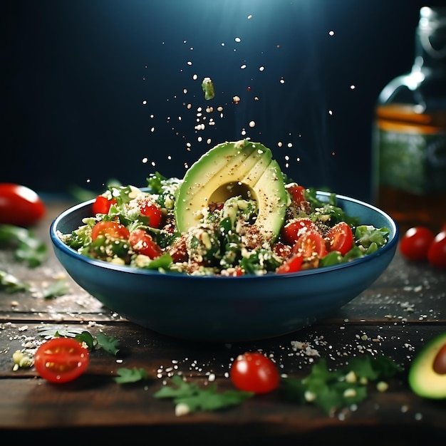 Foto von gesunder Ernährung, sauberem Essen, kalorienarmer köstlicher Mahlzeit, Salat mit Quinoa und frischem