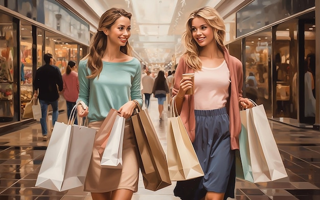 Foto von glücklichen, aufgeregten Einkaufsmädchen mit bunten Taschen