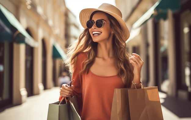 Foto von glücklichen, aufgeregten Einkaufsmädchen mit bunten Taschen
