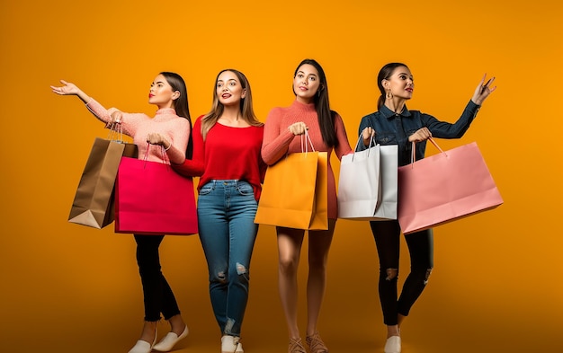 Foto von glücklichen, aufgeregten Einkaufsmädchen mit bunten Taschen