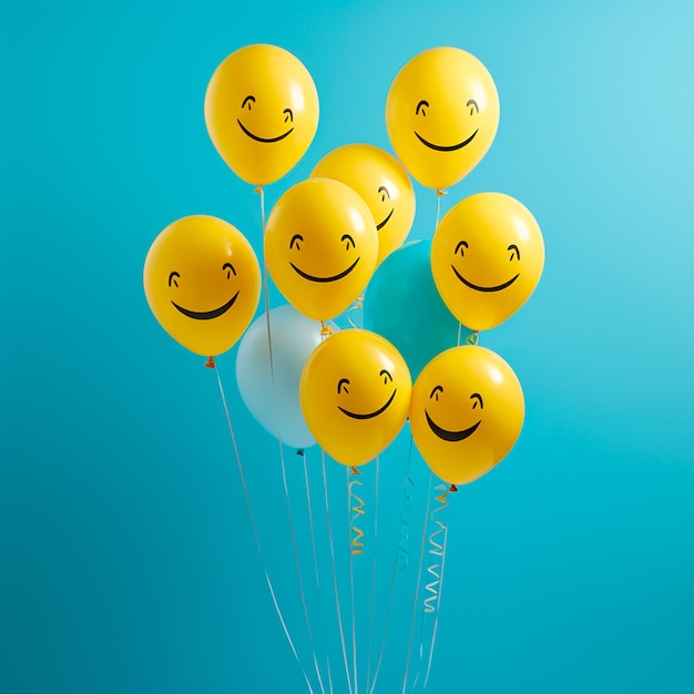 Foto von glücklichen Ballon-Emojis mit blauem Welt-Lächeltag-Hintergrund