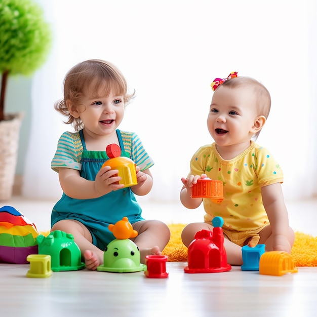 Foto von glücklichen Kindern, die mit Bauklötzen und Spielzeug spielen