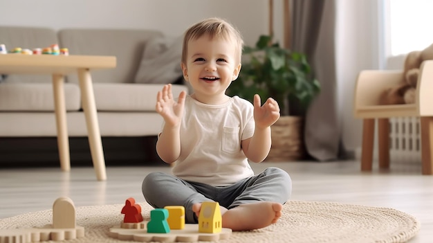 Foto von glücklichen Kindern, die mit Bauklötzen und Spielzeug spielen