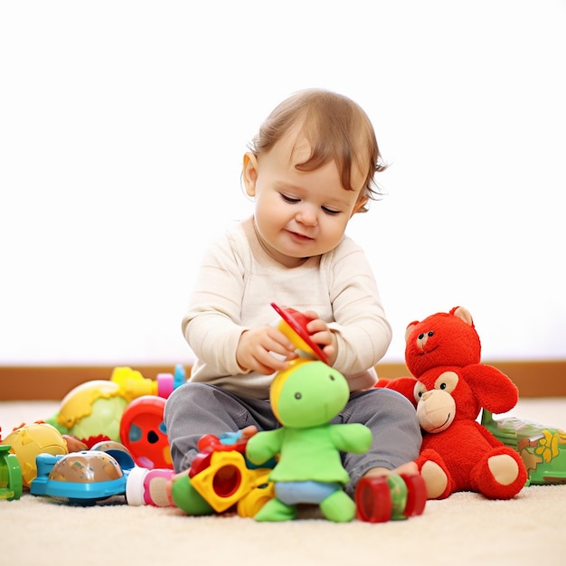 Foto von glücklichen Kindern, die mit Bauklötzen und Spielzeug spielen
