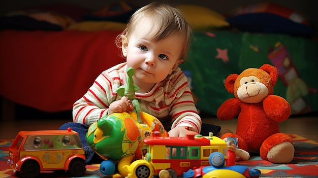 Foto von glücklichen Kindern, die mit Bauklötzen und Spielzeug spielen