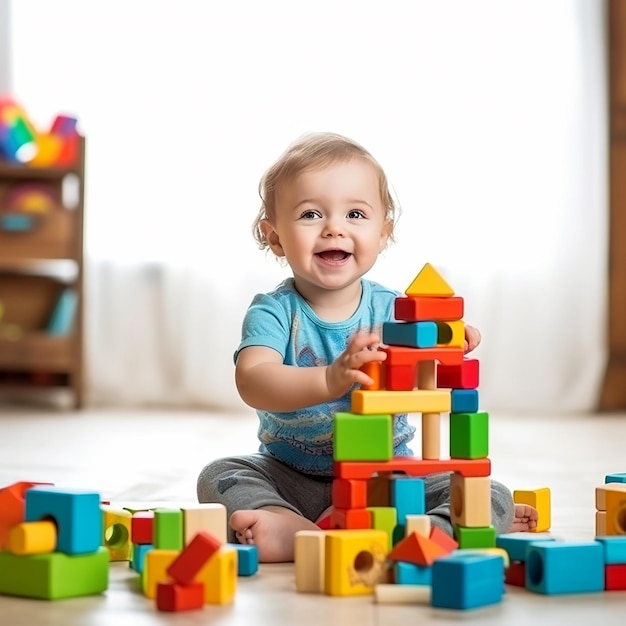 Foto von glücklichen Kindern, die mit Bauklötzen und Spielzeug spielen