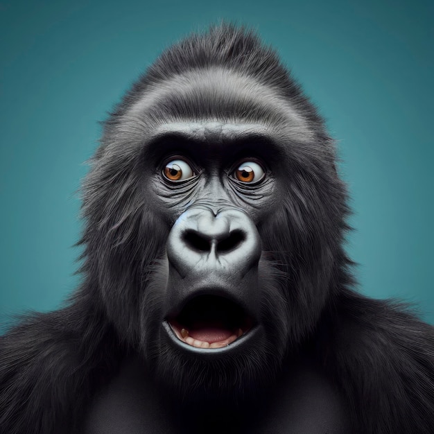 Foto von Gorilla-Porträt mit überraschtem Ausdruck auf isoliertem Farbhintergrund ai generativ