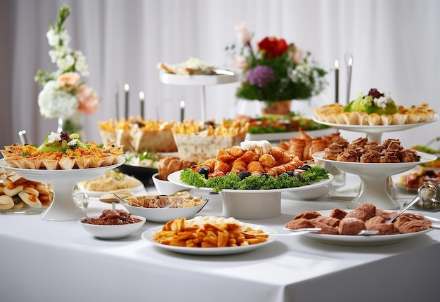 Foto von Gourmet-Food-Catering-Tisch mit weißem, leckerem Catering-Gericht