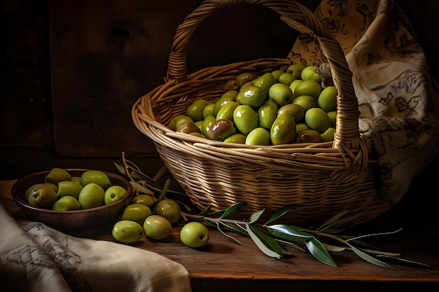 Foto foto von grünen oliven in einem rustikalen korb