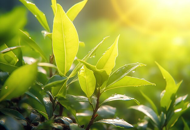 Foto von grünen Tee-Knospen, Blättern und Plantagen mit Morgensonnenlicht im Hintergrund