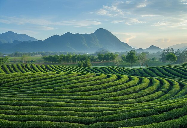 Foto von grünen Teeplantagen am Morgen mit Knospen und Blättern Teeblätter auf isolierten weißen