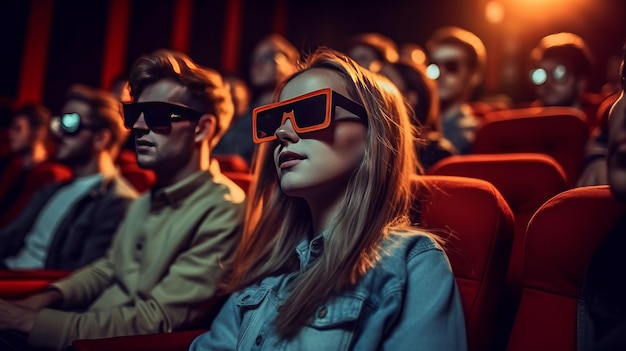 Foto von Gruppe junger Leute mit 3D-Brille, die im Kino Filme sehen