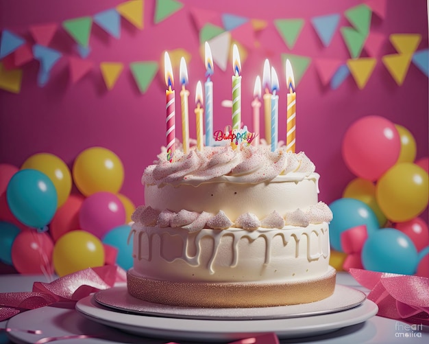 Foto von Happy Birthday-Kuchen mit Kerzen und Luftballons