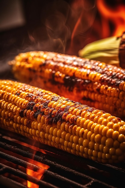 Foto von heißem, köstlichem gegrilltem Mais mit gebackenen Körnern auf offenem Feuer auf dem Grillrost