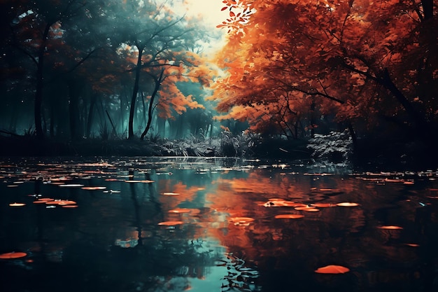 Foto von Herbstblättern, die sich in einem Waldteich spiegeln