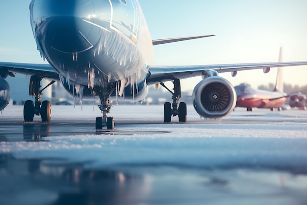 Foto von Icy Flugplatz mit in Schnee bedeckten Flugzeugen Winter