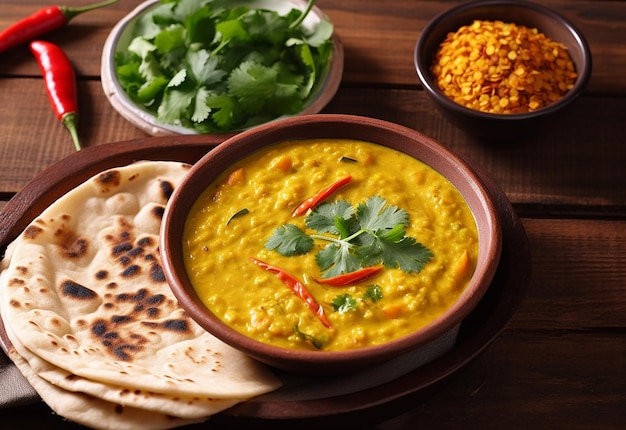 Foto von indischem Roti-Essen mit leckerem Hühnchen-Curry und Masala-Curry